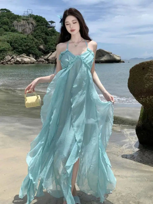 Sky Blue Backless Halter Laceup Long Dresses Spring Summer Off Shoulder Club Ruffles Vacation Pleated Sundress