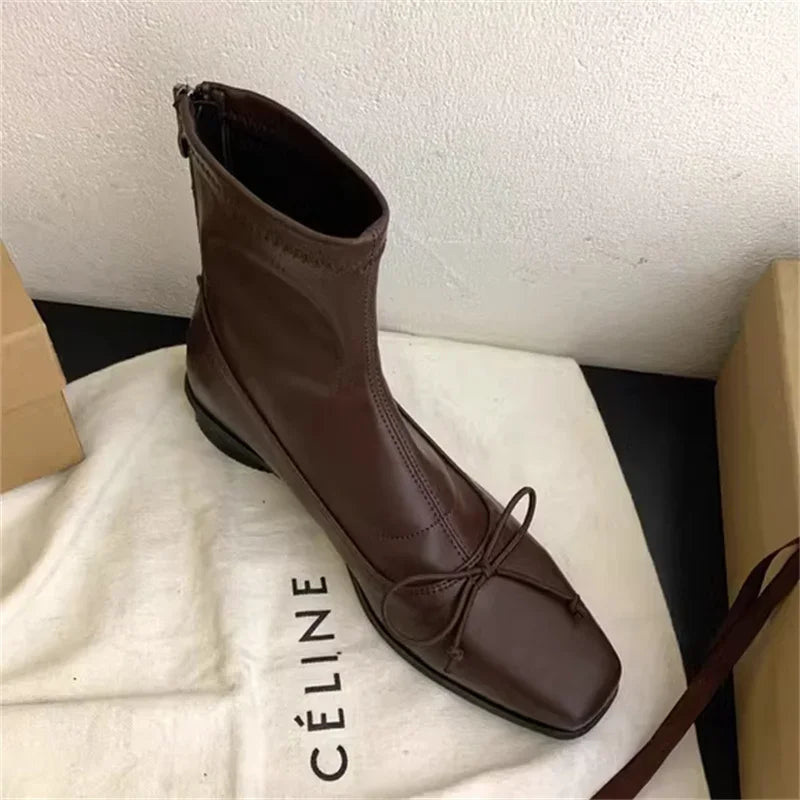 Brown Bow Back Zipper Ankle Boots Point Flat Head Square Heel Autumn Winter Shoes Sewing Thread Boot for Woman