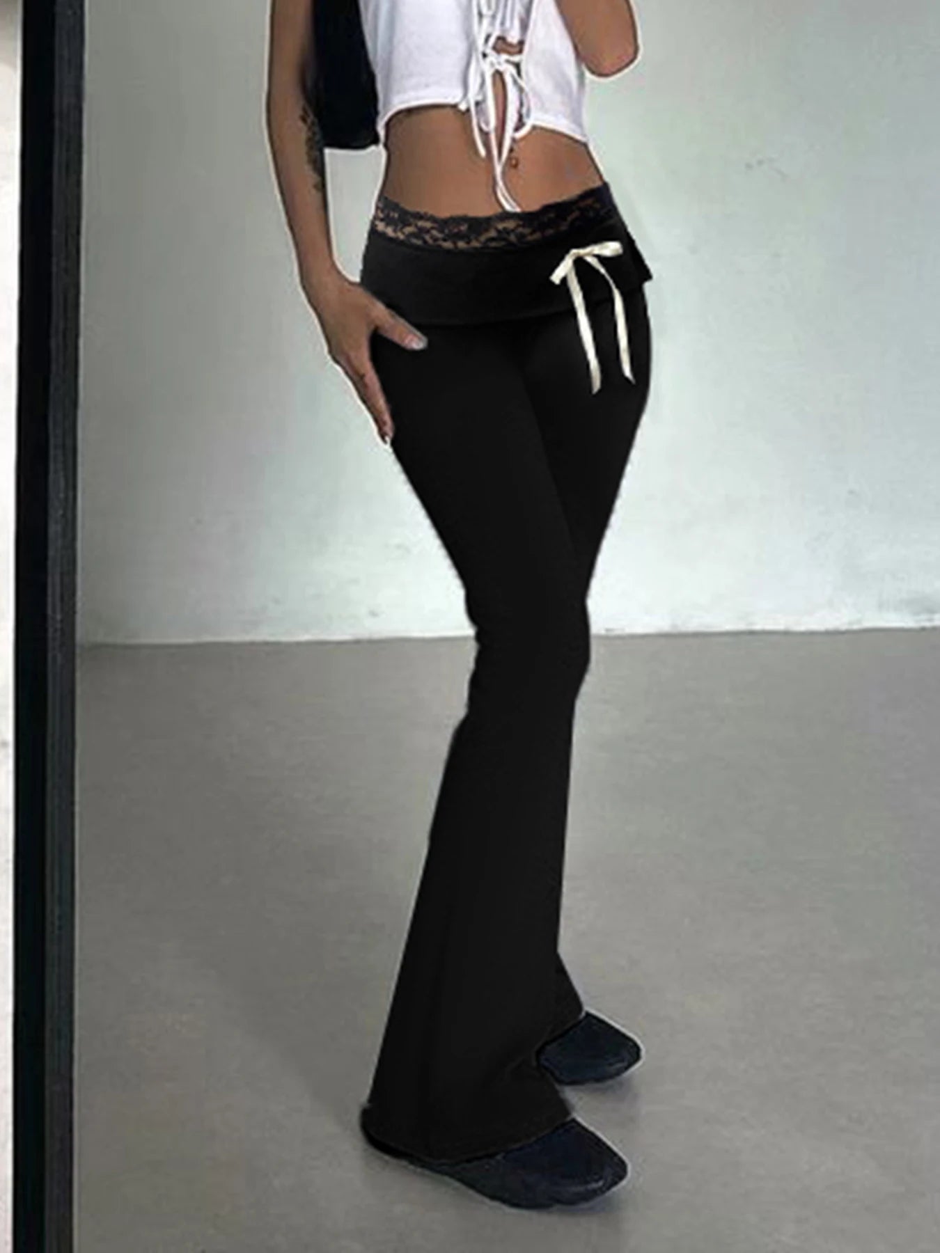 Lace Trim High Waist Flared Pants Hotsweet Y2k S Basic Trousers