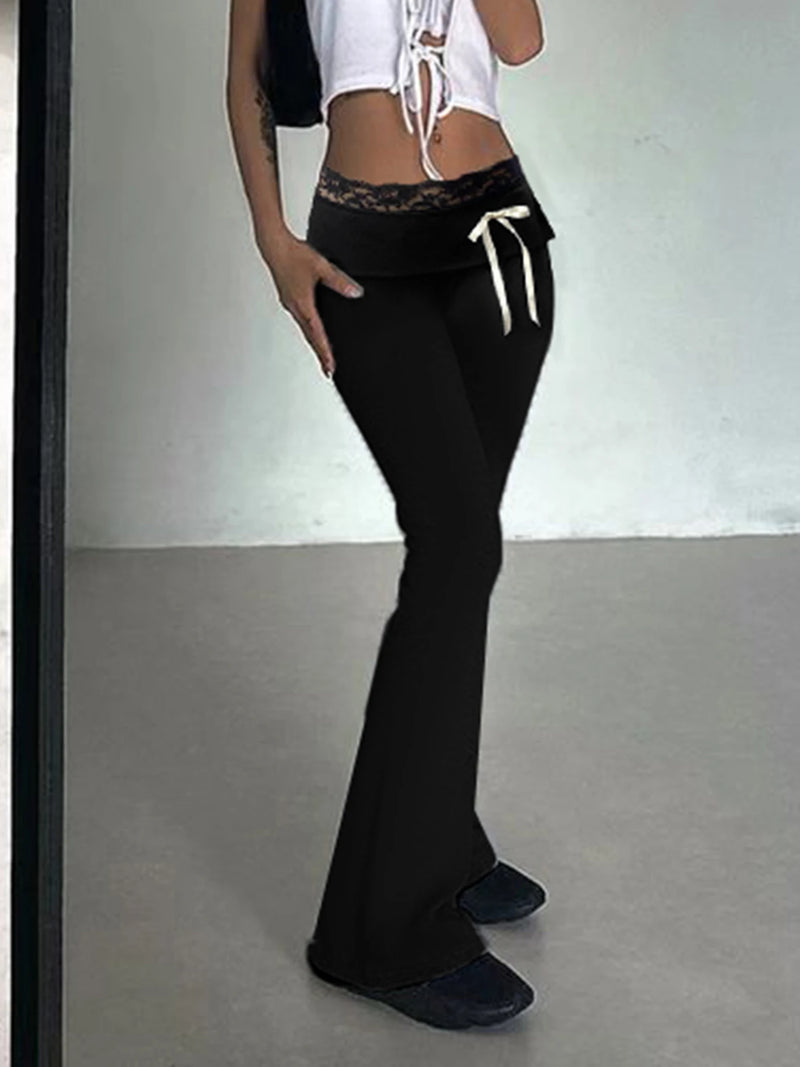 Lace Trim High Waist Flared Pants Hotsweet Y2k S Basic Trousers