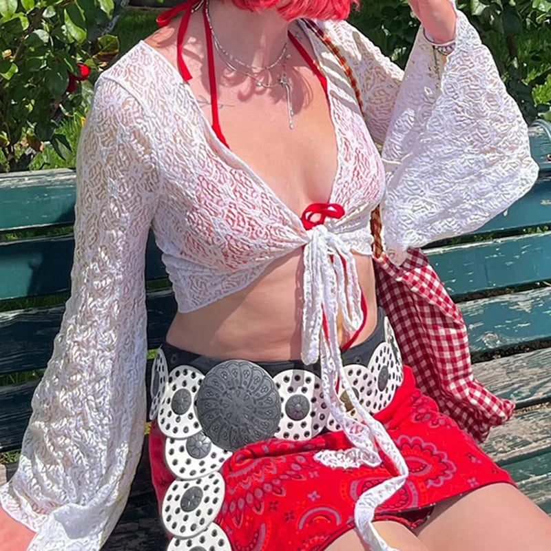 Trumpet Sleeves Sunscreen Cardigans Y2k V Neck Cropped Top Knitted White Lace-up Tee Shirt