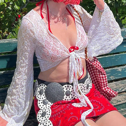 Trumpet Sleeves Sunscreen Cardigans Y2k V Neck Cropped Top Knitted White Lace-up Tee Shirt