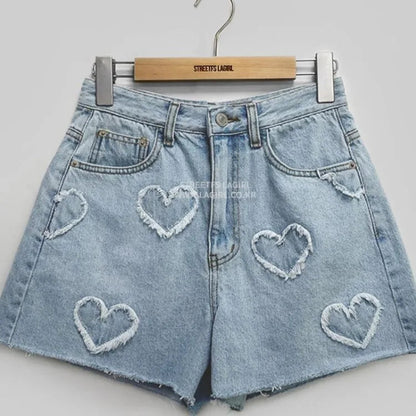 Sweet Fur Heart Pattern Denim Shorts for Y2k High Waist Loose Straight Short Pants Summer New Wide Leg Shorts