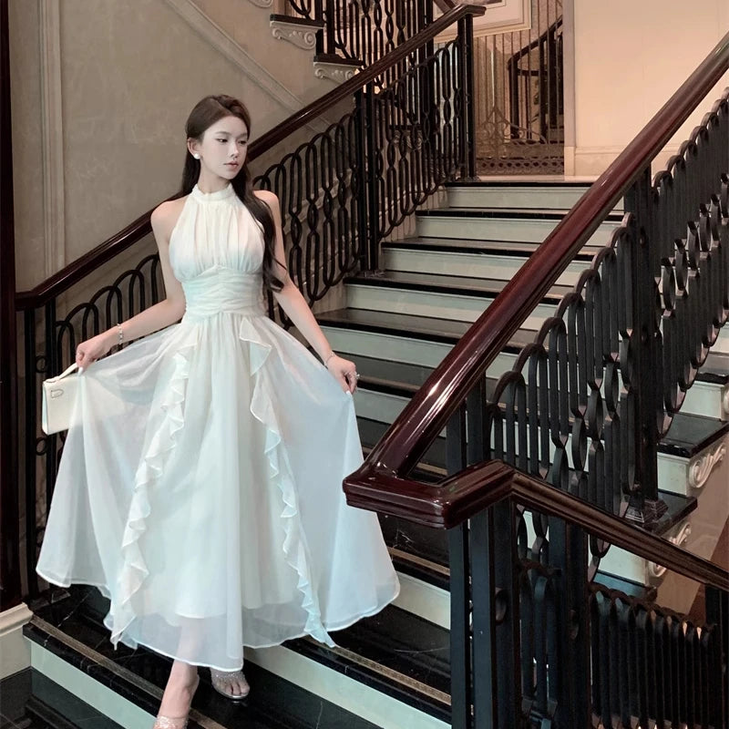 White Long Dresses Ruffles Halter Sleeveless Spring Summer Sweet Vestidos Korean Fasion Dress