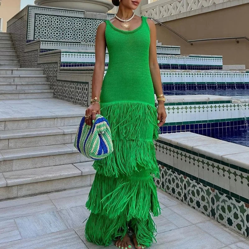 Backless High Waist Knitted Dresses Oneck Slim Tassel Dress Hollow Sleeveless Tight Long Dress
