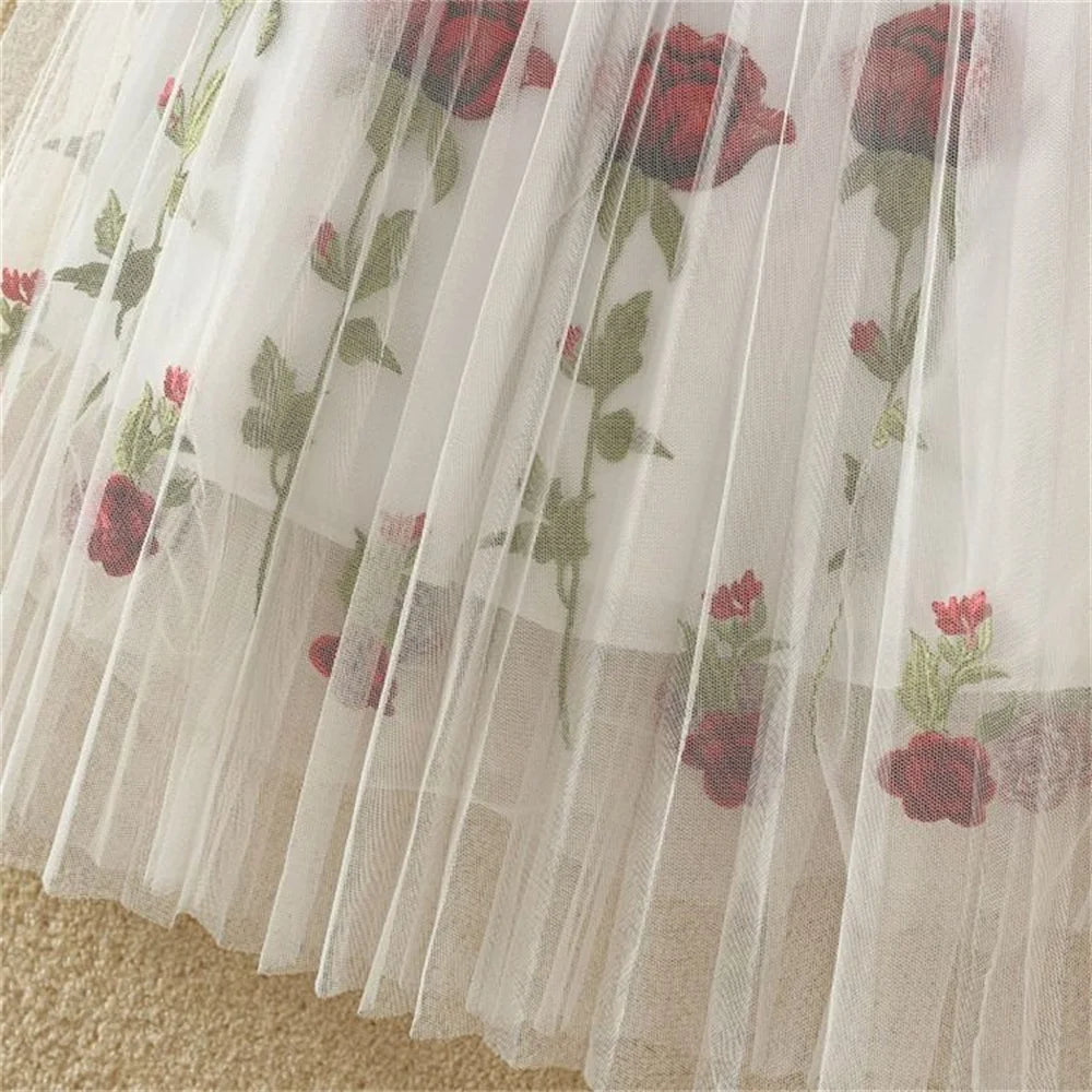 Elastic High Waist Midlong Aline Pleated Skirts New Summer Rose Embroidery Mesh Skirt