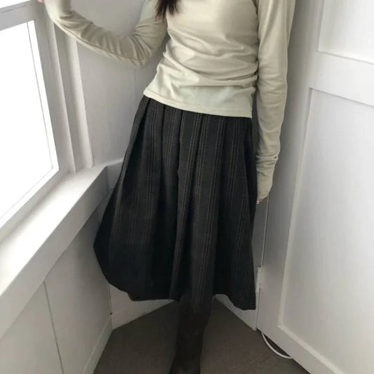 Korean Retro Pleated Loose Kneelength Skirt Spring New High Waist Contrast Color Plaid Tweed Aline Skirt