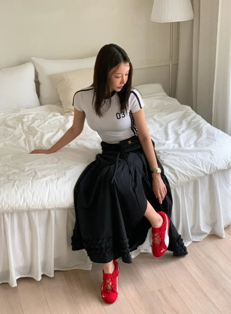French Style Patchwork Mushroom Edge Split Skirt Summer New Versatile and Personalized Aline Long Skirts
