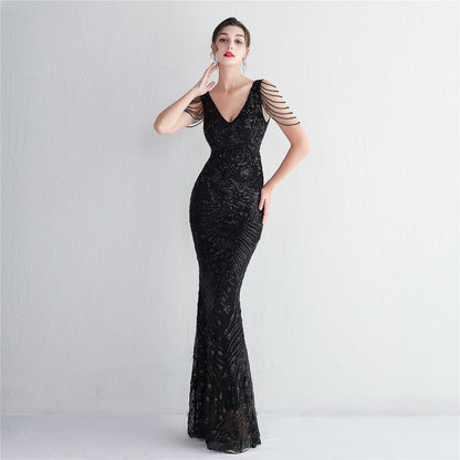V-neck Sleeveless Dress With Stones and Crystals Sequins Tassel Party Dresses High Waisted Long Dress