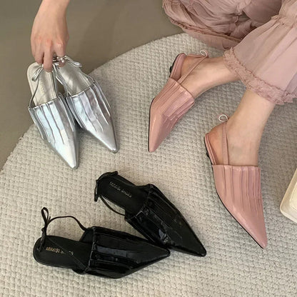 Pointed Pleated Low Heel Shallow Slingback Shoes New Brand Designer Lace Office Mule Shoes