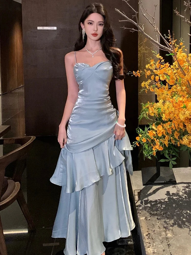 Spaghetti Strap Long Dresses Sleeveless Princess Ruffles Evening Party Dress Summer Holiday Beach Vestidos Robe New