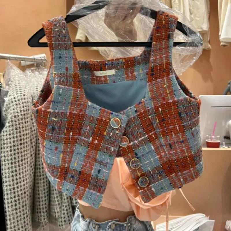 Waistcoat Early Autumn Retro Checkered Square Neck Buckle Versatile Vest Coat Short Clothes
