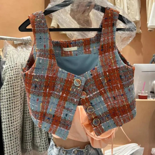 Waistcoat Early Autumn Retro Checkered Square Neck Buckle Versatile Vest Coat Short Clothes