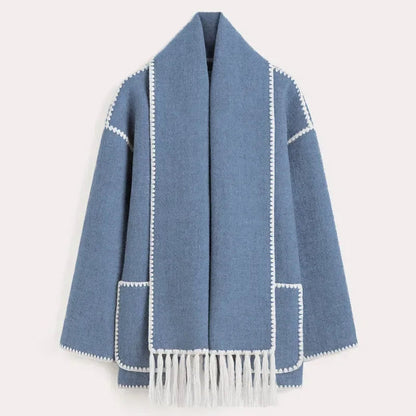 Loose Coat With Scarf Long Sleeve Pocket Single Breasted Female Coats Autumn Winter Lady Jacket