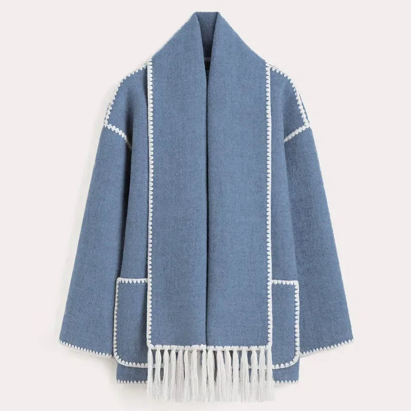Loose Coat With Scarf Long Sleeve Pocket Single Breasted Female Coats Autumn Winter Lady Jacket