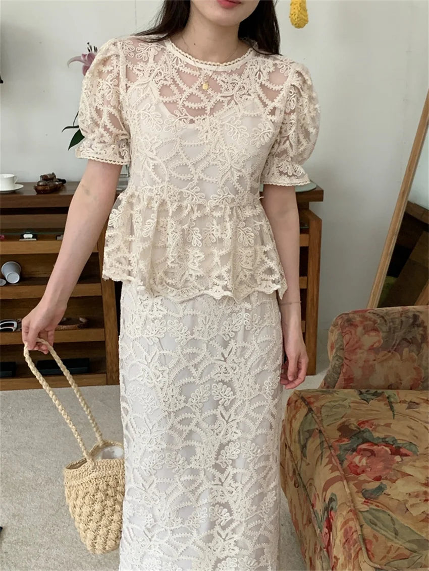 Slim Hollow Out Blouses Florals Summer Sets Office Lady High Waist Work Wear Long Skirts Suits