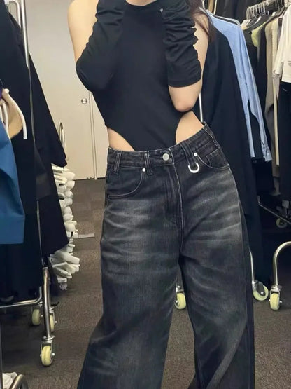 Oversize Street Black Jeans for Y2k High Waist Loose Wide Leg Pants Early Spring New Straight Flare Pants