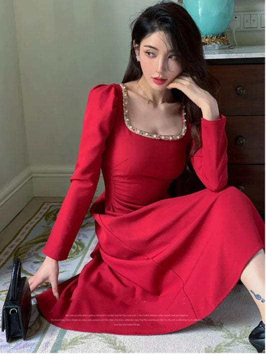 Autumn Red Midi Dresses for Long Sleeve Diamonds Square Collar Slim Waist Aline Party Dress Female Clothing New