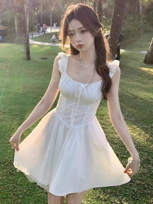 Sweet White Mini Dress Square Collar Sleeveless Laceup Birthday Party Dresses Summer Aline Short Vestidos