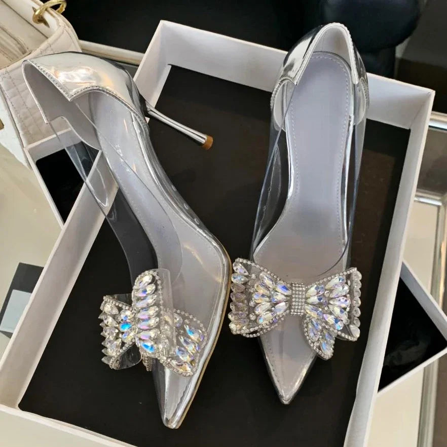 Rhinestone Bow Pvc Transparent High Heels Hollow Party Dress Shoes Female Pointed Toe Heeled Sandals