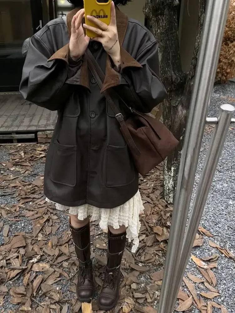 Leather Jackets for Corduroy Lapel Collar Cardigan Button Up Long Coat Autumn Winter Oversize Clothes New