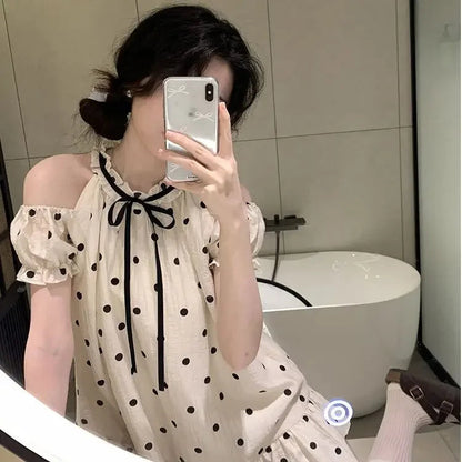 Sweet and Girl's Polka Dot Off Shoulder Princess Doll Dress Summer New Bubble Sleeve Loose Aline Midi Dress for