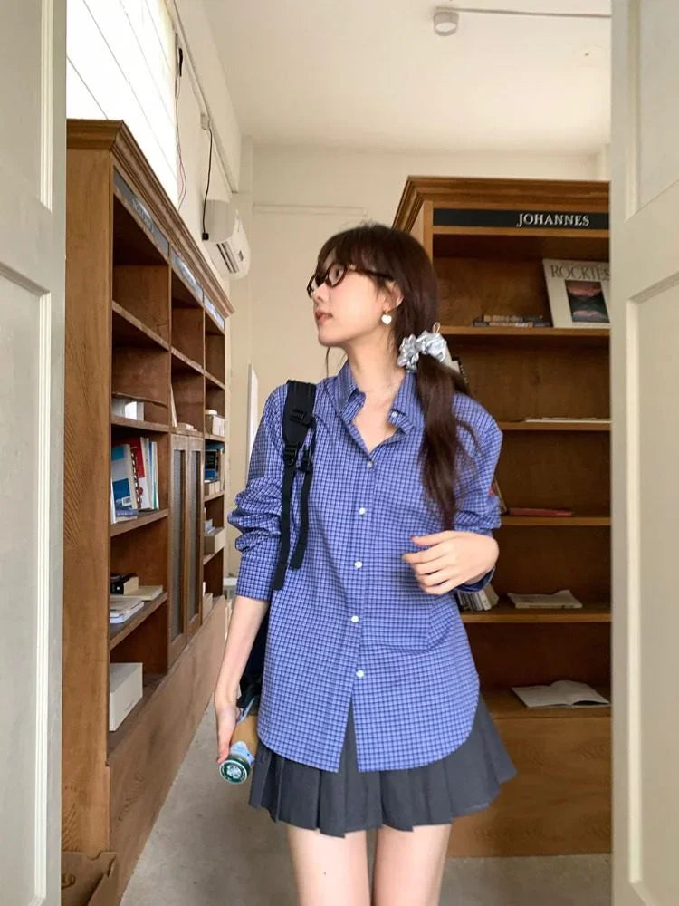Blue Plaid Shirts for Harajuku Letter Embroidery Checked Blouse Female Oversized Korean Clothes