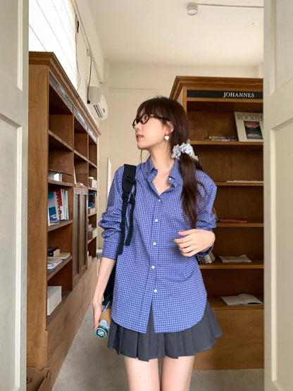 Blue Plaid Shirts for Harajuku Letter Embroidery Checked Blouse Female Oversized Korean Clothes