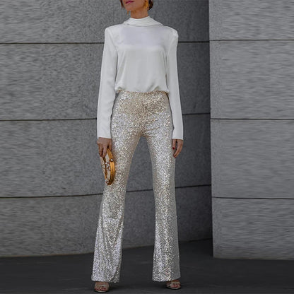 Spring Glitter Sequin Shiny Party Pants High Wiast Slim Flare Trousers New Autumn Straight Pant