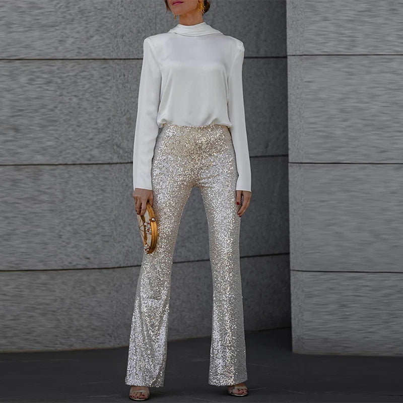 Spring Glitter Sequin Shiny Party Pants High Wiast Slim Flare Trousers New Autumn Straight Pant