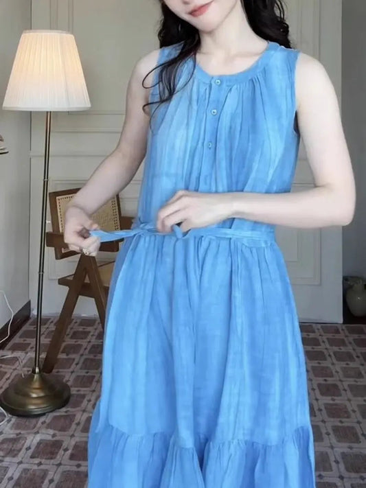 Blue Sleeveless Strap Dress Children Wear New Summer French Style Seaside Vacation Vest Long Dress Loose