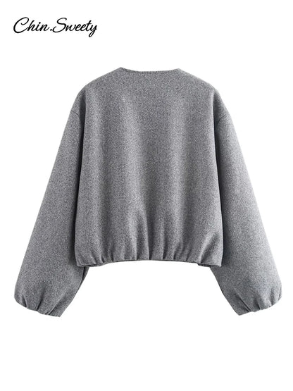 Retro Woolen ’s Bomber Jacket Long Lantern Sleeves Pockets O-neck Loose Female Coat Autumn High Street Outwears