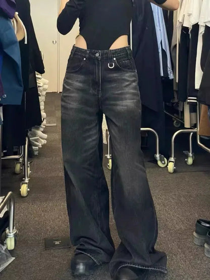 Oversize Street Black Jeans for Y2k High Waist Loose Wide Leg Pants Early Spring New Straight Flare Pants