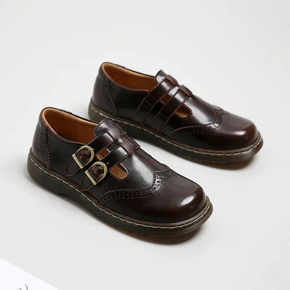 Mary Jane Shoes Summer Thin Section Japanese Double Buckle New Lowcut Flat Round Toe Small Leather Shoes