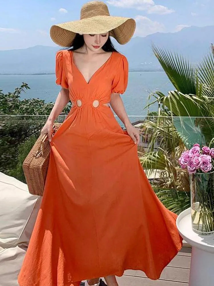 Orange V Neck Waist High Hollow Out Pleated Dress Summer Short Sleeves Long Dresses