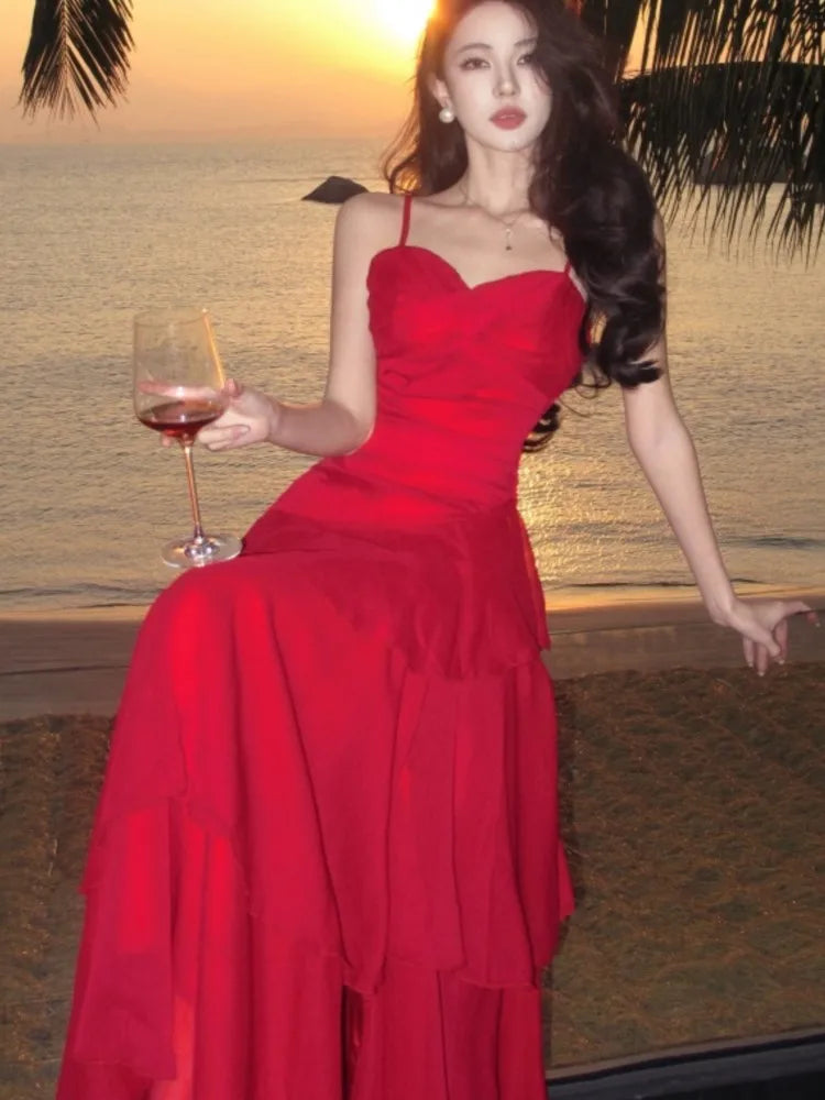 Summer Red Dresses Spaghetti Strap Sleeveless Ruffles Birthday Party Long Dress Holiday Prom Aline Vestidos New