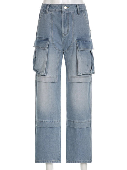 Pockets High Waisted Jeans Woman Autumn Winter Baggy Blue Cargo Pants Loose Denim Pant