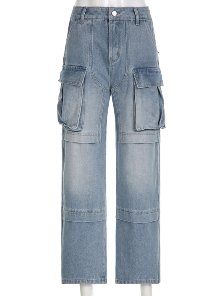 Pockets High Waisted Jeans Woman Autumn Winter Baggy Blue Cargo Pants Loose Denim Pant