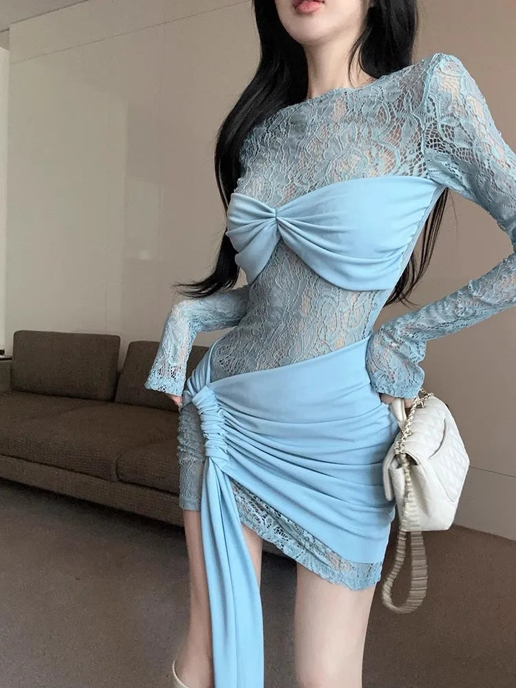 Mini Dresses Sweet Long Sleeve Slim Ruched O Neck Irregular Party Dress Party Autumn Clubwear