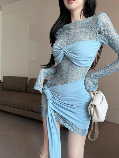 Mini Dresses Sweet Long Sleeve Slim Ruched O Neck Irregular Party Dress Party Autumn Clubwear