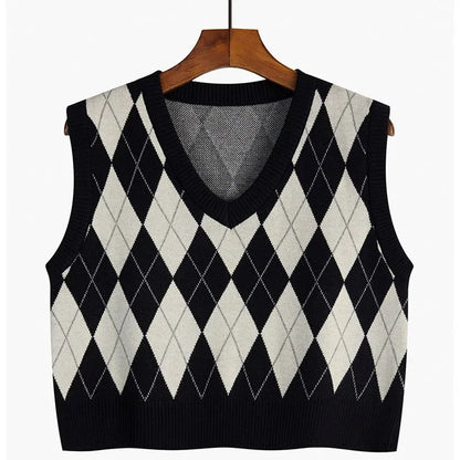 V-neck Plaid Sweater Vest Autumn Winter Knit Sweaters Pullover Loose Korean Knitwear Tops Pull Femme
