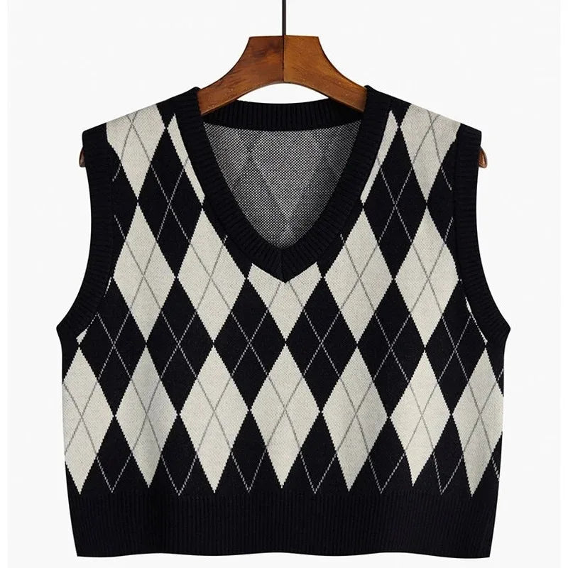 V-neck Plaid Sweater Vest Autumn Winter Knit Sweaters Pullover Loose Korean Knitwear Tops Pull Femme