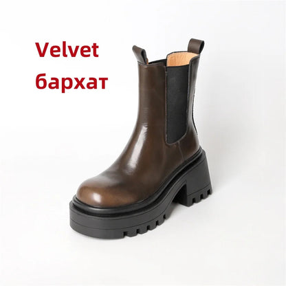 Platforms Ankle Boots Genuine Leather Thick Sole Ankle Female Punk Motorcycle Shoes Combat Booties