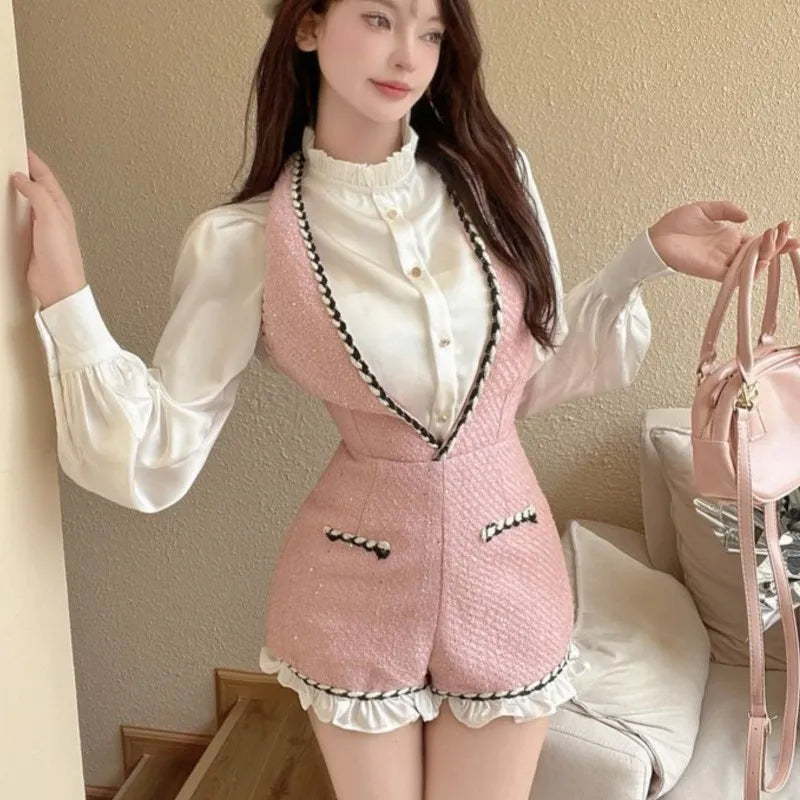 French Two-piece Set Ruffles O-neck Shirt Tweed Halter Short Overalls Autumn Y2k Outfits New
