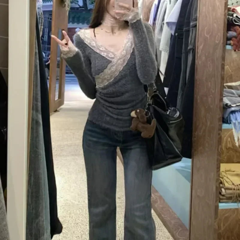 Vneck Lace Splicing Longsleeved Sweater Spring New Korean Contrast Color Slim Cashmere Knitted Tops
