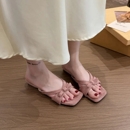 Summer Beach Vacation Slippers Open Toe Low Heel Slide Butterflyknot Dress Shoes