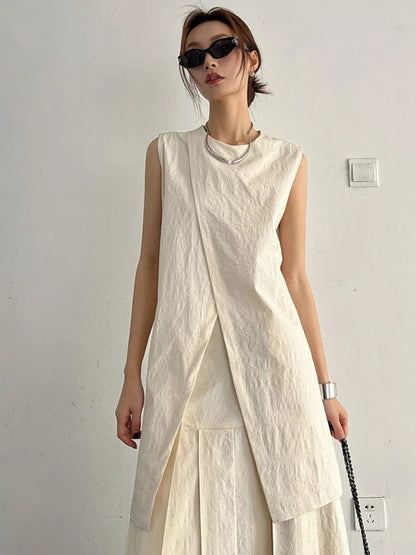 Split White Blouse Sleeveless Lace Up Loose Shirt Office Lady Summer Design Tops Mujer New