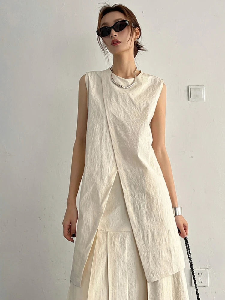 Split White Blouse Sleeveless Lace Up Loose Shirt Office Lady Summer Design Tops Mujer New