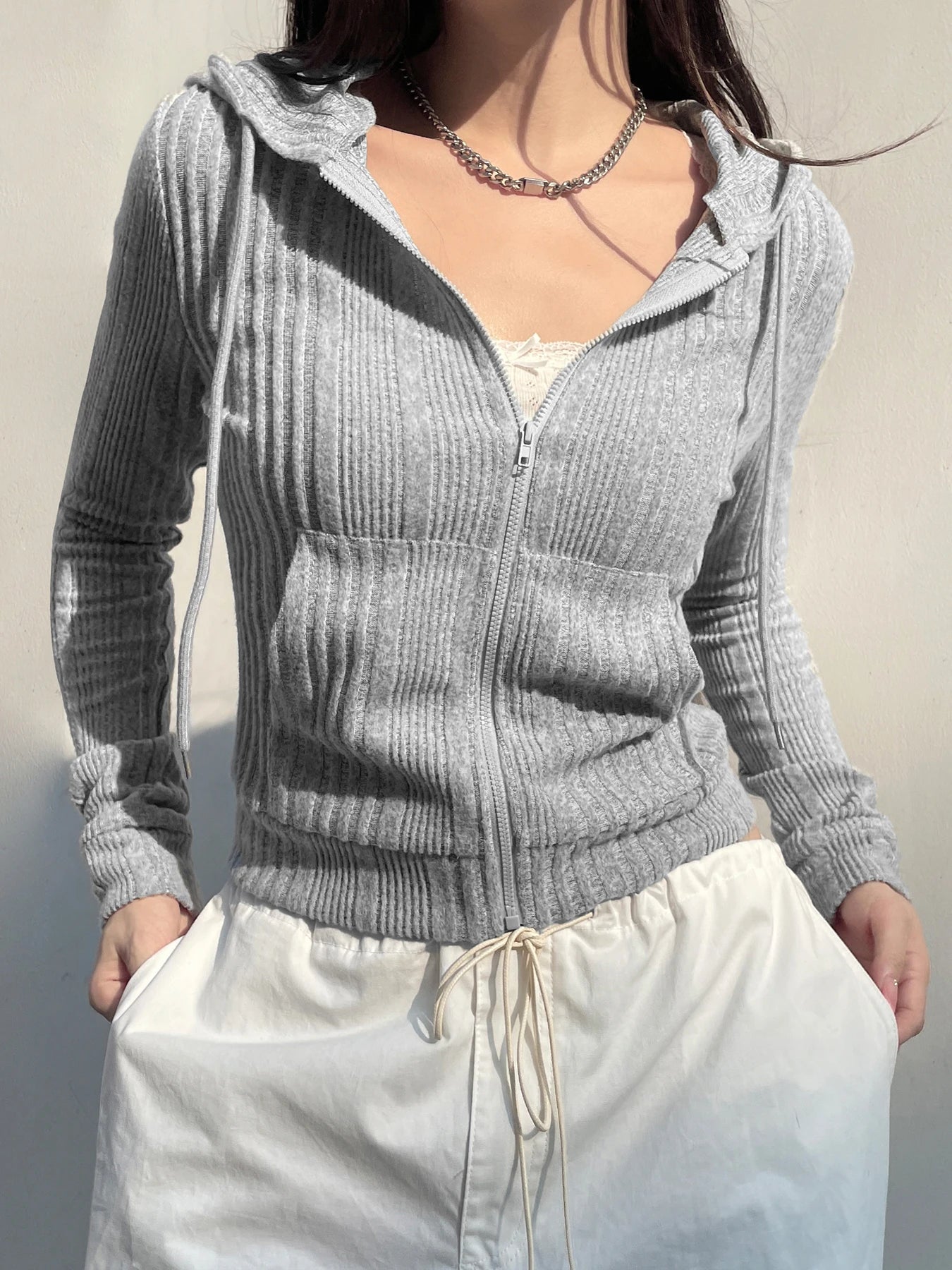 Gray Zip Up Knitted Hooded Jackets Pockets Details Simple Basic Minimalist Slim Long Sleeve Hoodies Knitwear