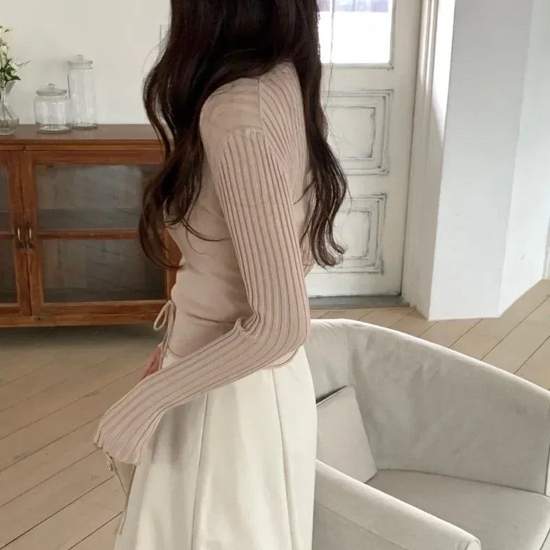 Autumn New High Street Slim Thread Long Sleeve Sweater + Color Laceup Camisole Twopiece Suit
